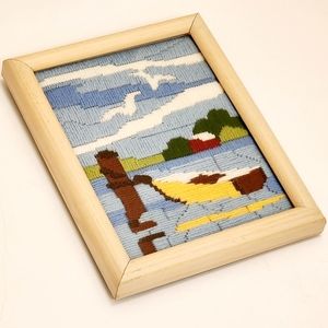 Vintage Framed Art Needlepoint Embroidery Long Stitch Wood Frame 7x9" Boat Lake